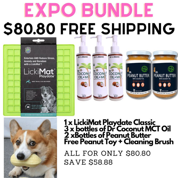 EXPO BUNDLE $80.80 Free Shipping (limited to 30 sets) 1x LickiMat Playdate Classic 3 x bottles of Dr Coconut MCT Oil 2 xBottles of Peanut Butter Free Peanut Toy + Cleaning Brush-LickiMat-WOOFALICIOUS.SG